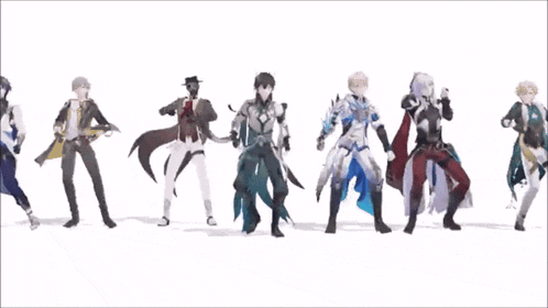 a group of cartoon characters are standing in a row
