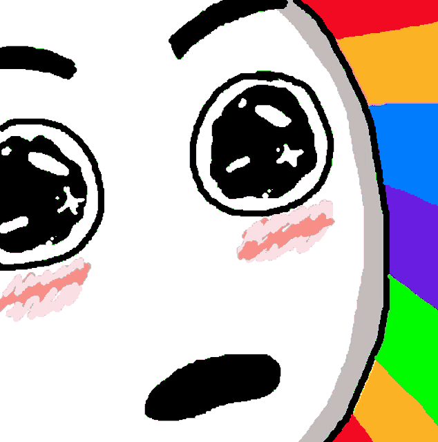 a close up of a cartoon face with a rainbow in the background