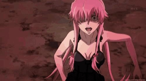 a girl with pink hair is wearing a black dress and a black bra .