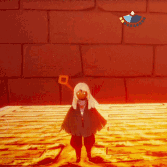 a person in a video game is standing in a room with a brick wall in the background