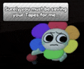 a cartoon character is holding a bunch of colorful balloons .