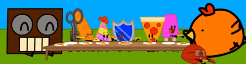 a group of cartoon characters are gathered around a long table including a box that says sandwiches
