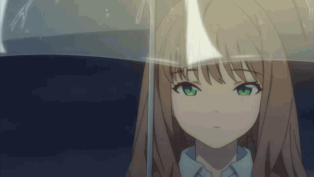 a girl with green eyes is holding an umbrella in the rain