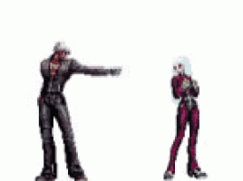 a man and a woman are standing next to each other with an exclamation point .