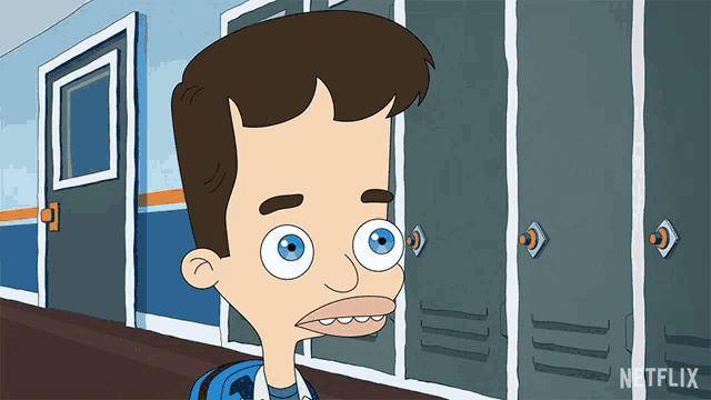 a cartoon of a boy standing in front of lockers with the word netflix on the bottom right