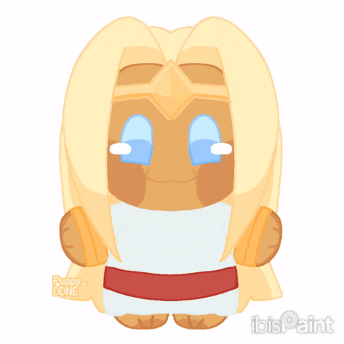 a drawing of a cookie with long blonde hair and a red belt