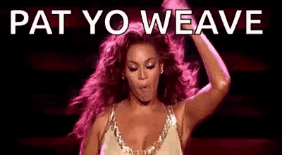 a woman in a gold dress is dancing on a stage with the words pat yo weave above her .