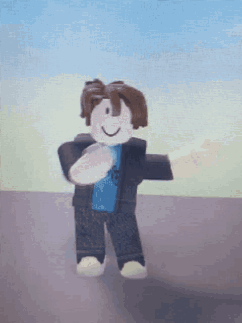 a roblox character wearing a blue shirt and a black jacket is smiling