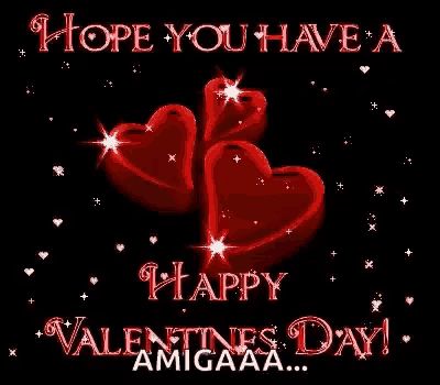 a valentine 's day greeting card with two red hearts on a black background