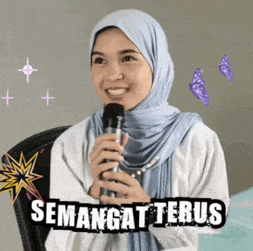 a woman in a hijab is holding a microphone and smiling with the words semangat terus written on the bottom