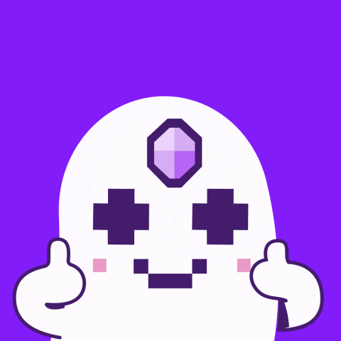 a cartoon ghost with purple eyes and a purple stone in the middle of his head