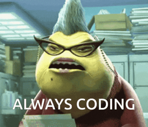 a cartoon character with glasses and a mohawk has the words " always coding " on his face