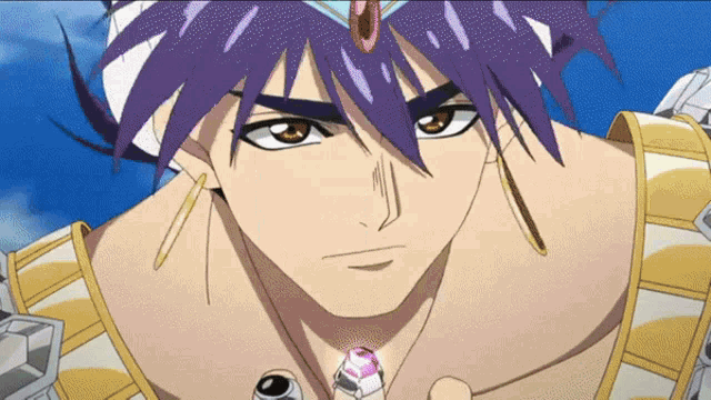 a close up of a cartoon character with purple hair and a ring around his neck