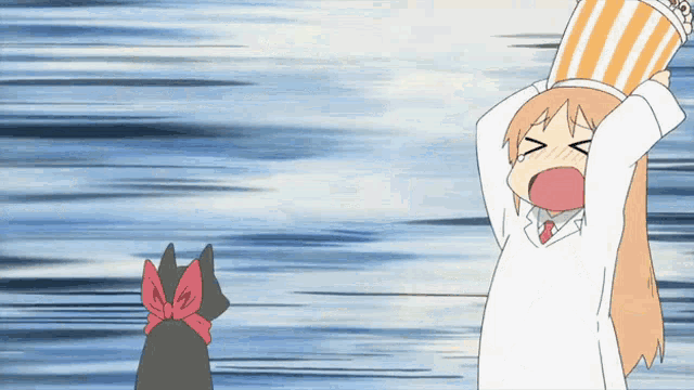 a cartoon of a girl with a bucket on her head and a cat