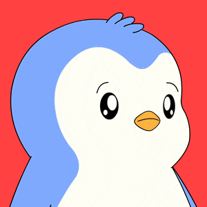 a blue and white penguin with a yellow beak looks at the camera