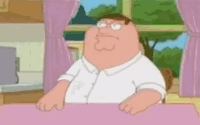 peter griffin from family guy is sitting at a table with a pink tablecloth .
