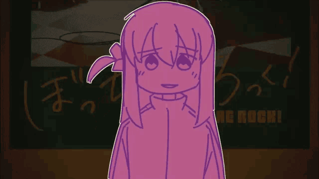 a cartoon girl with pink hair is standing in front of a blackboard with chinese writing on it