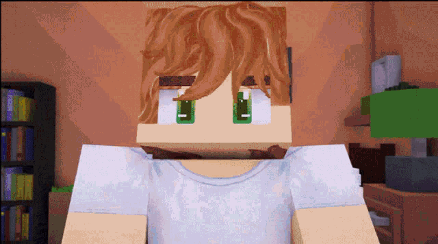 a cartoon character with a white shirt and green eyes