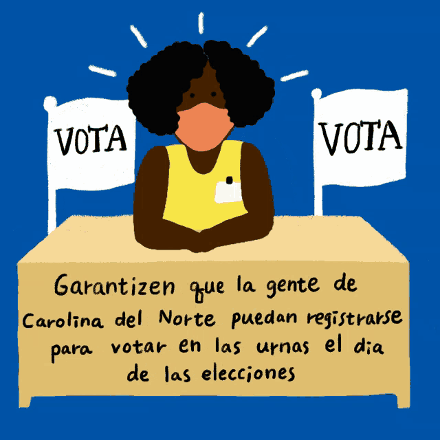 a woman wearing a mask stands at a table with two flags that say vota on them