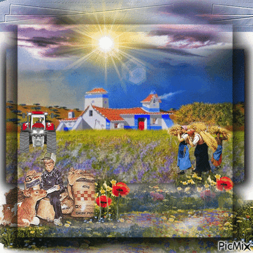 a painting of a man playing a guitar in a field with a bag of cement in the background