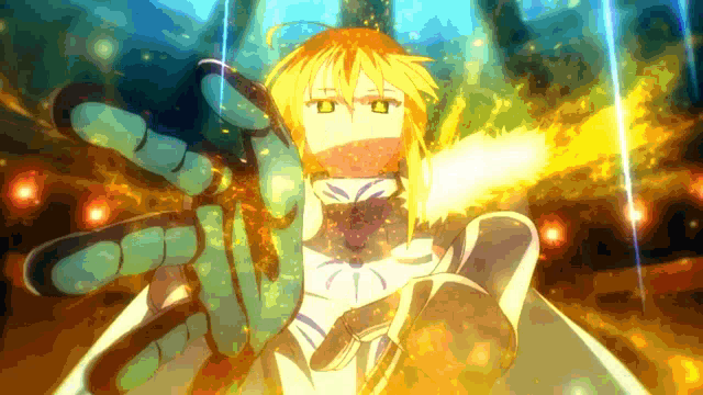 a yellow haired anime character with a green hand holding a sword