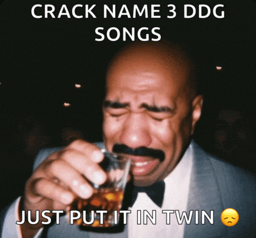 a man in a tuxedo is crying while holding a glass of whiskey with the caption crack name 3 ddg songs
