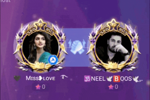 miss love and neel boos are playing a game with a purple background