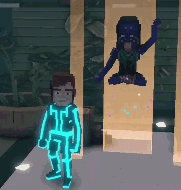 a pixel art of a man in a blue suit standing next to a statue