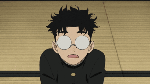 a boy wearing round glasses looks surprised in a cartoon