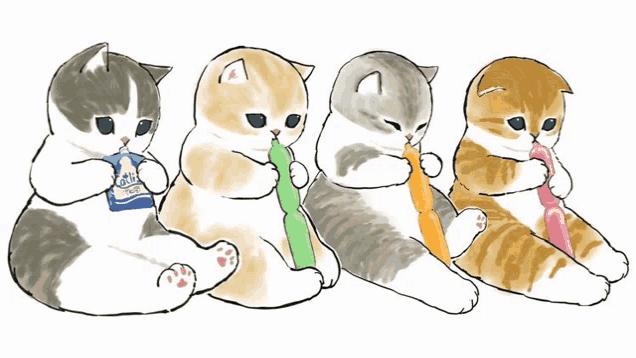four cats are sitting next to each other and one is holding a bag that says " milk "