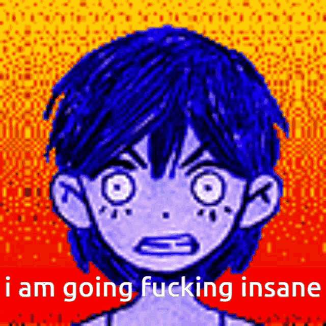 a pixel art of a boy with blue hair and the words " i am going fucking insane "
