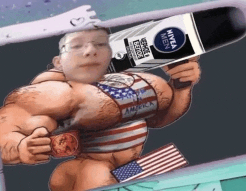 a cartoon man is holding a bottle of nivea men deodorant