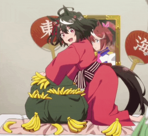 a girl in a red kimono is kneeling next to a horse with a bag of bananas