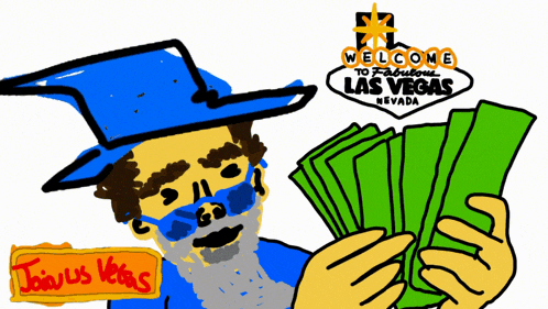 a cartoon of a man holding money in front of a sign that says welcome to fabulous las vegas