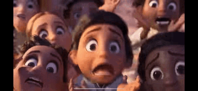 a group of cartoon characters are standing next to each other with their mouths open .