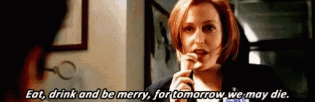 a woman is talking on a phone and says `` eat , drink and be merry for tomorrow we may die . ''