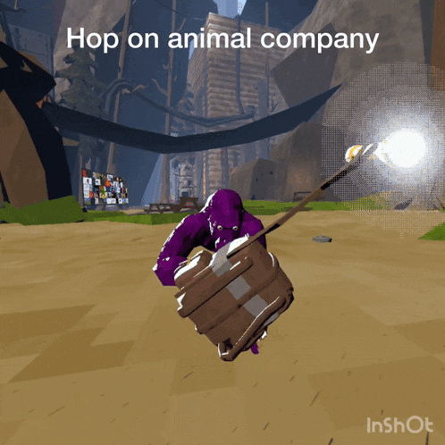 a purple gorilla in a video game with the words hop on animal company