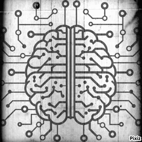 a black and white drawing of a brain surrounded by circuits