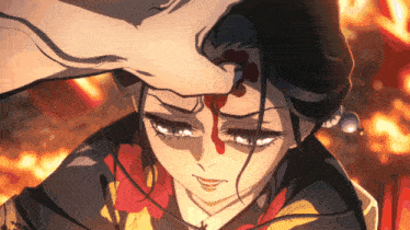 a woman with blood on her face is being touched by another person 's hand