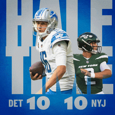 two football players on a blue background with the words det 10 10 nyj on the bottom