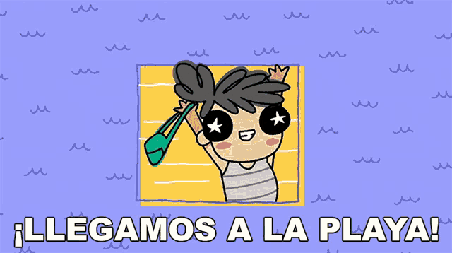 a cartoon of a boy holding a bag with the words llegamos a la playa