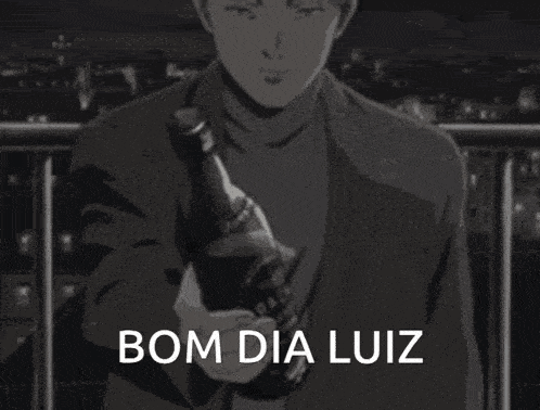 a black and white cartoon of a man holding a bottle with the words bom dia luiz written on it .