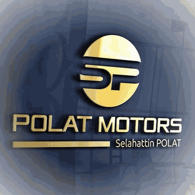 a gold logo for polat motors is displayed on a blue background