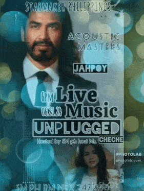 a poster for starmaker philippines acoustic masters shows a man and a woman