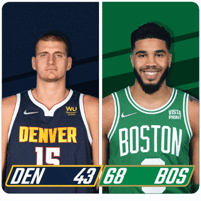 two basketball players from denver and boston are shown