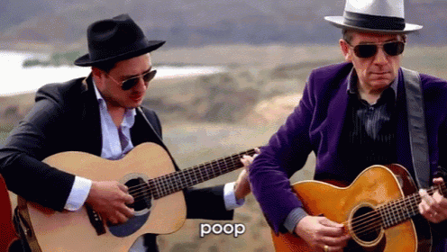 two men playing guitars with the word poop on the bottom left