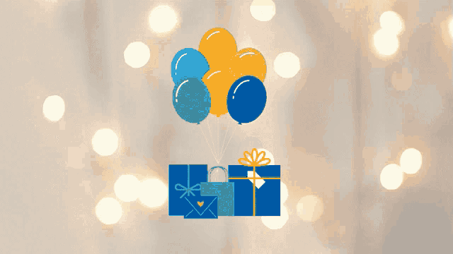 a bunch of balloons are flying over a gift box with a heart on it