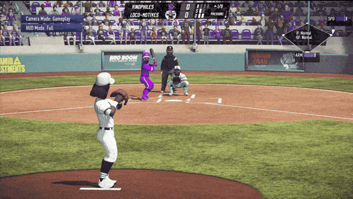 a baseball game is being played on a field with a big boom advertisement in the outfield