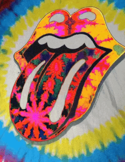 a colorful rolling stones logo with a marijuana leaf on it