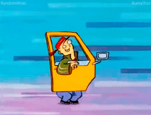 a cartoon character is driving a yellow car with his door open .